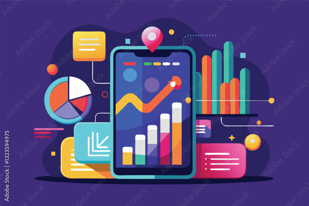 Poster vector illustration showcasing a digital dashboard with colorful charts and graphs representing data