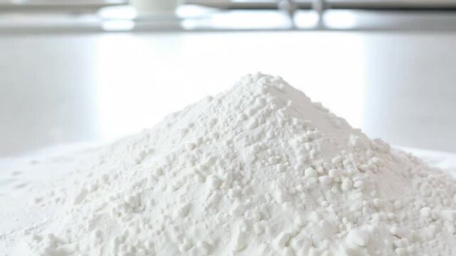 Dolly out rapidly, baking soda being poured onto a white counter under bright, high key lighting, makes the scene appear clean