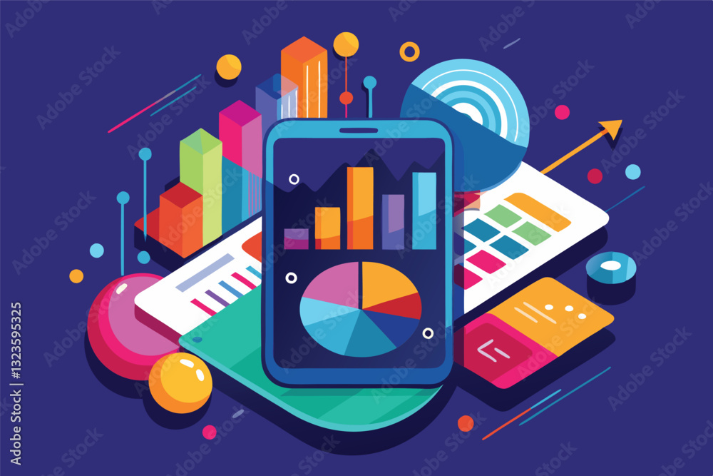 Poster vector illustration showcasing a digital dashboard with colorful charts and graphs representing data
