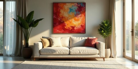 Serene living room interior design showcasing a minimalist off-white sofa, complemented by vibrant abstract artwork and lush potted plants bathed in warm sunlight streaming through sheer curtains.