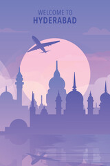 Welcome to Hyderabad, India. Gradient city poster, card with shapes of skyline, waterfront and airplane. Telangana state travel vector illustration, print, graphic
