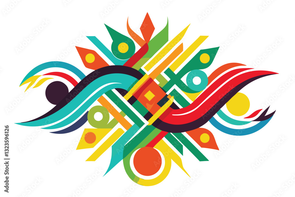Poster Vibrant geometric illustration featuring colorful abstract shapes and patterns in a symphonic arrangement of lines and curves