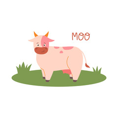 Cute little cow on green grass on white background