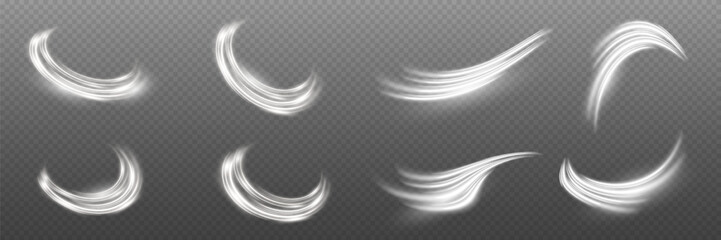 Set of white glowing effects of curves and waves, highlight lines. On a transparent background.