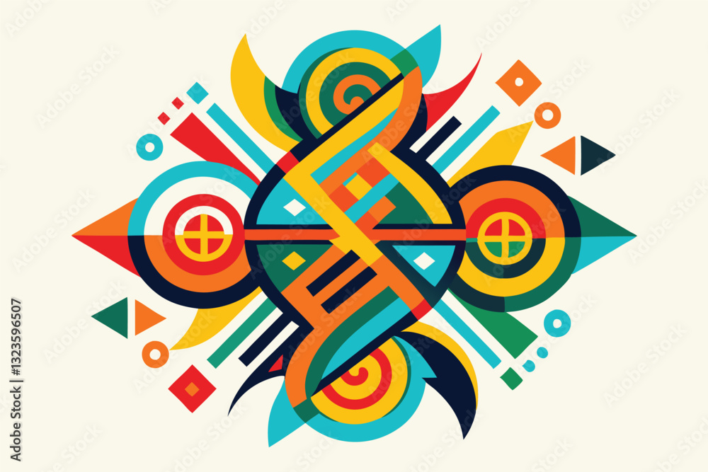 Poster Vibrant geometric illustration featuring colorful abstract shapes and patterns in a symphonic arrangement of lines and curves