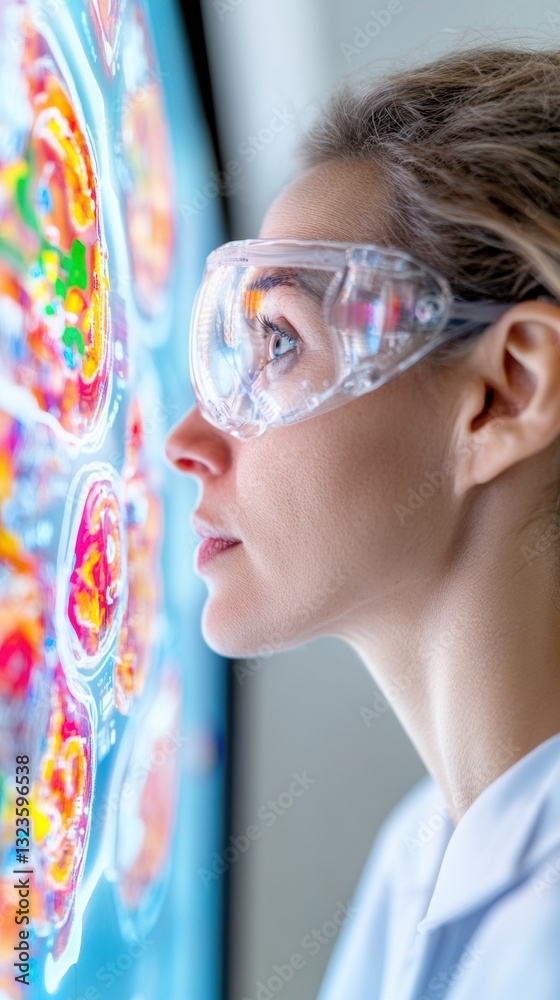 Poster immersive ai-driven neuroscience cutting-edge female researcher analyzing vibrant neurological data 