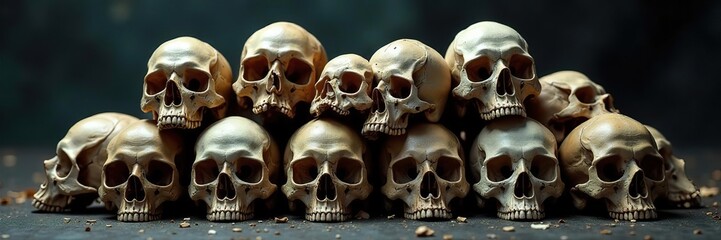 Skulls stacked on top of each other in a heap, with some skulls cracked open to reveal bones, dark, skulls