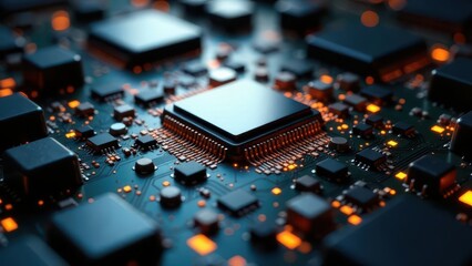 Obraz premium Close-up view of a complex circuit board showcasing intricate technological components and glowing connections.