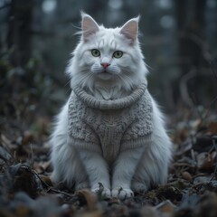 Obraz premium Fluffy white cat Caddy with green eyes in sweater in magic fall autumn forest.