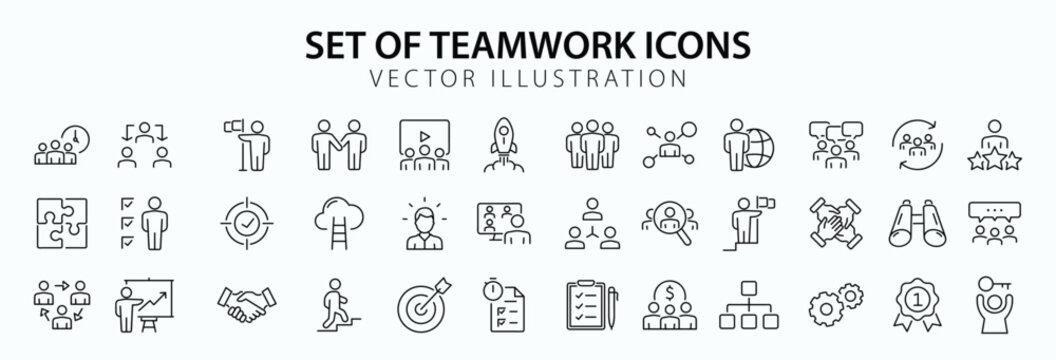 Team work set of web icons in line style. Teamwork and business cooperation icons for web and mobile app. Partnership, synergy, interaction, management, collaboration, meeting, Vector illustration