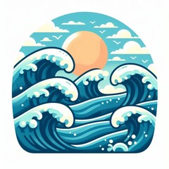 Illustration of ocean waves with sunset and clouds in modern flat style. Sea landscape, summer vacation, and nature concept