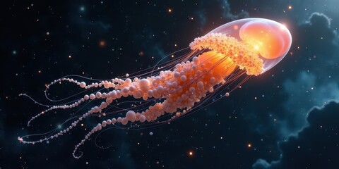 Luminous Aquatic Creature Glowing in the Celestial Void, a mesmerizing spectacle of bioluminescent orbs and ethereal tentacles drifting through a dark, starlit expanse