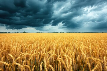 Naklejka premium Vast golden wheat field under a dramatic cloudy sky