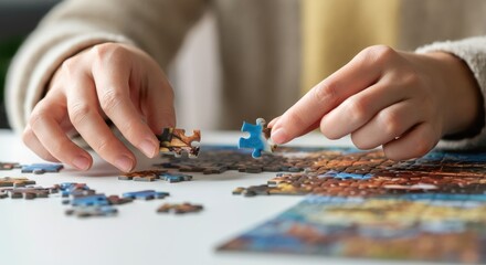 Fototapeta premium Close-up of hands assembling jigsaw puzzle pieces on table