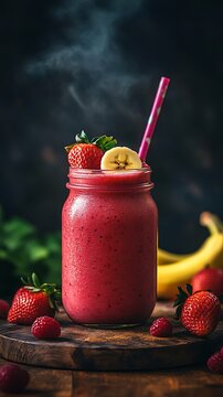Delicious Strawberry Banana Smoothie in a Glass Jar