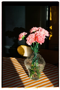 Bright pink flowers in a textured vase on a striped tablecloth
