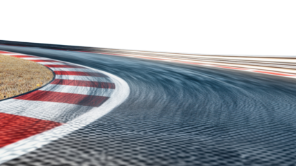 A race track with a sharp curve and visible tire skid marks, isolated on transparent background, creating an action-packed scene from a motorsport race.