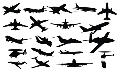 Black airplane icon collection. Set of black plane silhouette icon. Aircraft icons. Flight transport symbols