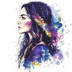 Fototapeta premium Colorful Watercolor Portrait of a Woman with a Feather in Her Hair. A stylish and artistic illustration ideal for fashion, beauty, or design projects.