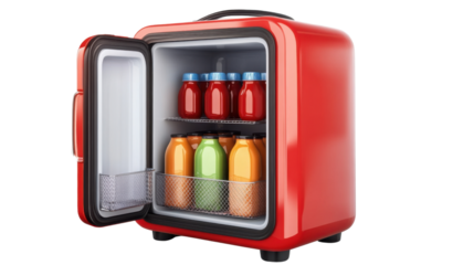 A portable mini fridge for beverages isolated on a transparent background