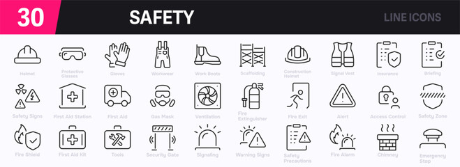 Set of 30 outline icons related to work safety. This outline icon set includes protection, emergency, first aid, evacuation, fire, danger warnings, and more. Editable stroke. Vector illustration