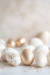 Obraz premium Luxurious gold-foil Easter eggs with detailed filigree designs are arranged around a smooth, neutral background. Floating golden sparkles enhance the sophisticated holiday atmosphere