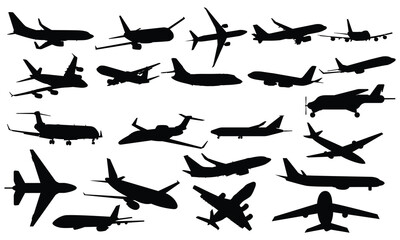 Big collection of black silhouettes of airplane, vector