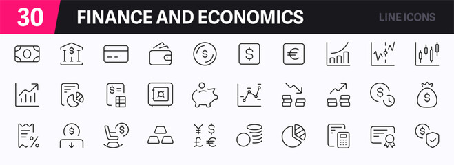 Set of 30 outline icons related to finance. This outline icon set includes currency, coin, banknote, chart, credit card, financial goal, profit, budget and more. Editable stroke. Vector illustration