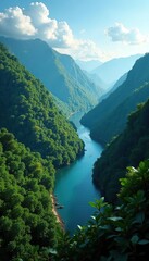 River winds its way through a dense forested valley, forest, tropical, valley