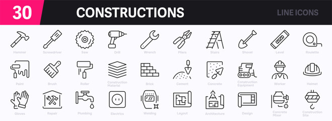 Set of 30 outline icons related to construction. This outline icon set includes helmet, hammer, wrench, crane, repair tools, builder, engineering and more. Editable stroke. Vector illustration