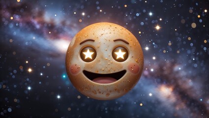 A whimsical moon emoji with a joyful expression and star-shaped eyes appears in a vibrant cosmic setting. The background features a galaxy filled with twinkling stars, creating a magical atmosphere