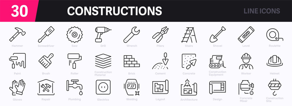 Set of 30 outline icons related to construction. This outline icon set includes helmet, hammer, wrench, crane, repair tools, builder, engineering and more. Editable stroke. Vector illustration