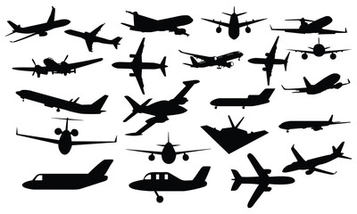 Set of black plane silhouette icon, Black airplane icon collection, Plane icon vector