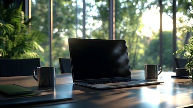 Cozy Modern Workspace with Laptop and Greenery, A modern workspace featuring a laptop on a wooden desk - Powered by Adobe