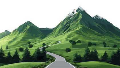 Fototapeta premium Green mountain road path, vector of forest landscape, isolated on white, uphill journey, mountain view, scenic forest, outdoor path, nature road, serene landscape, tranquil view.
