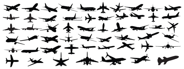 Different black silhouettes of airplane, vector design 