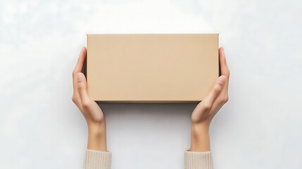 Fototapeta premium Female hands holding a blank cardboard box on a white background, top view. Perfect mock-up for packaging, shipping, or online shopping design.