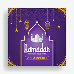 Editable social media post banner ads template for Ramadan Kareem special offer sale promotional advertisement, Islamic festival and eid offer square flyer poster for social media design