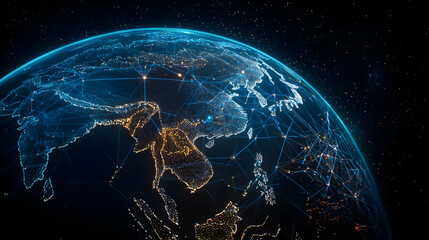 Blue Illuminated Digital Globe in Space Showing Asia with Connecting Lines and Glowing Lights