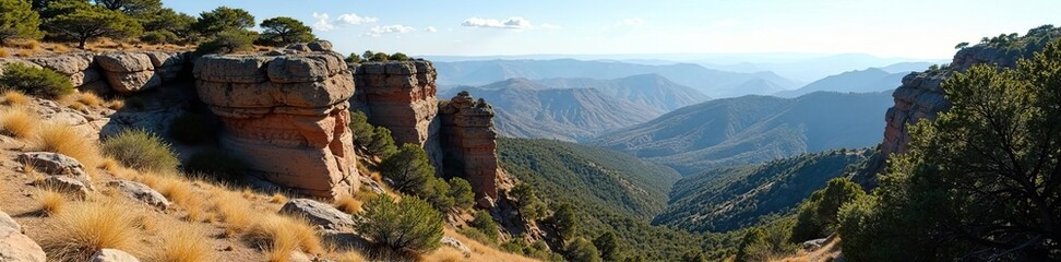 Naklejka premium Rocky outcrops and trees near Roosevelt Point, landforms, forest, desert