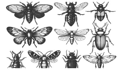 Black and white engrave insects vector illustration set, vintage entomology clipart, isolated insect drawing, hand-drawn bug sketch, detailed nature engraving, scientific insect artwork © aura studio
