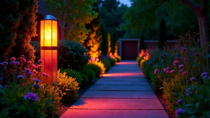 Obraz premium lantern in the garden at night with green grass and flowers.