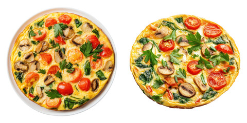 Two delicious vegetable frittatas with tomatoes, mushrooms, and spinach