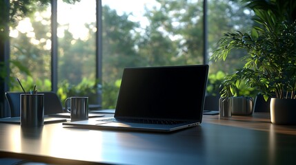 Cozy Modern Workspace with Laptop and Greenery, A modern workspace featuring a laptop on a wooden desk