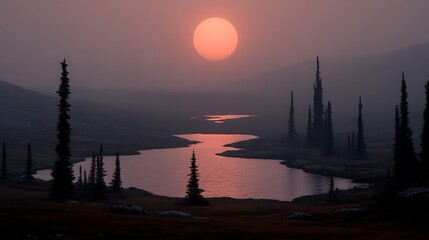 Naklejka premium Serene Sunset Over Mountain Lake and Pines