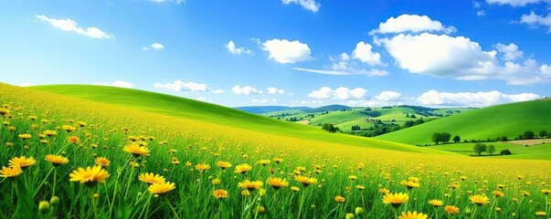 Fototapeta premium Rolling hills and fields of wildflowers under a clear blue sky, green, field