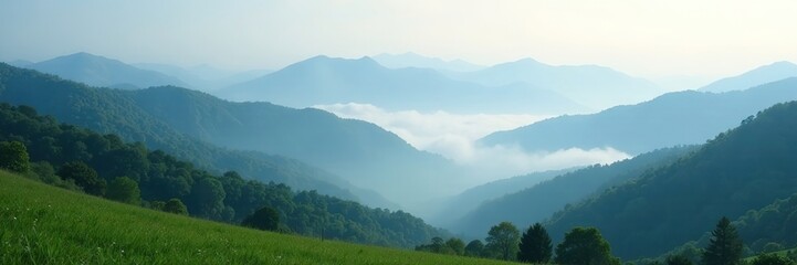 Obraz premium Rolling hills and mountains covered in a thick layer of fog, fog, peaceful, atmospheric