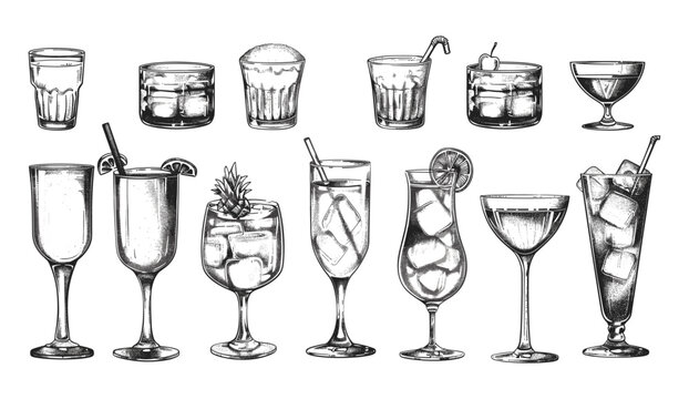 Black and white vector illustration drink set, engraved isolated, cocktail glasses, wine glass, vintage drawing, barware, classic design, line art, drinkware set, engraved drinkware