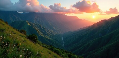 Rolling hills and valleys of Kualoa Mountain Range at dusk, serenity, foliage, ruggedness