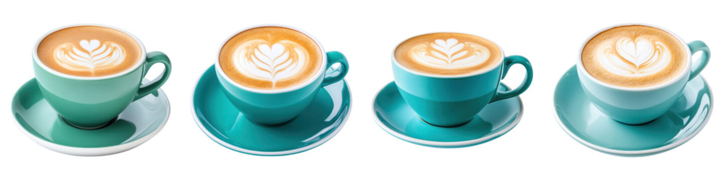 Four teal cups of cappuccino with latte art on transparency background